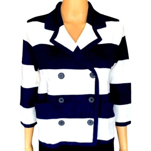 Lands End Nautical Stripe Cardigan Jacket Womens L Double Breasted Navy Cotton - Picture 1 of 13